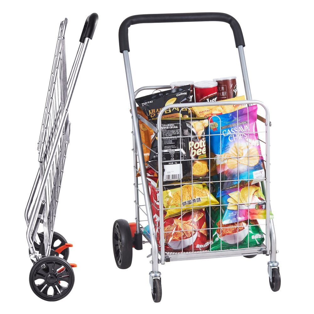 Folding Shopping Cart, 110 lbs Max Load Capacity, Grocery Utility Cart with Rolling Swivel Wheels, Heavy Duty Foldable Laundry Basket Trolley Compact Lightweight Collapsible for Luggage, Silver