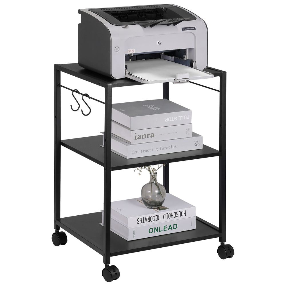 Printer Stand, Height Adjustable 3 Tier Printer Stand, Printer Cart with Storage Shelves and Hooks for Printer, Scanner, Fax, Home Office Use, EPA Certified, Black