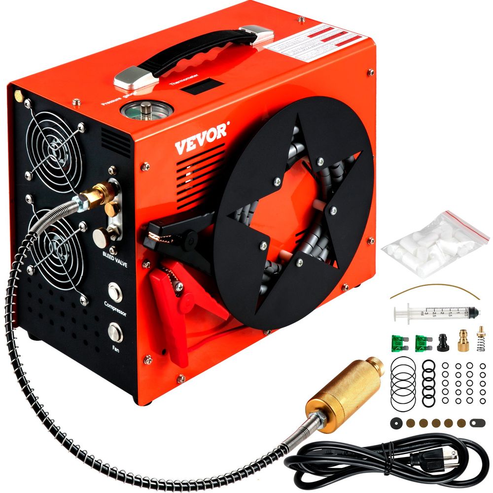 PCP Air Compressor, Auto-stop Powered by DC 12V Car or Home AC 110V/220V, 4500Psi/30Mpa/300Bar with Built-in Water & Oil Adapter and Cooling Fan System