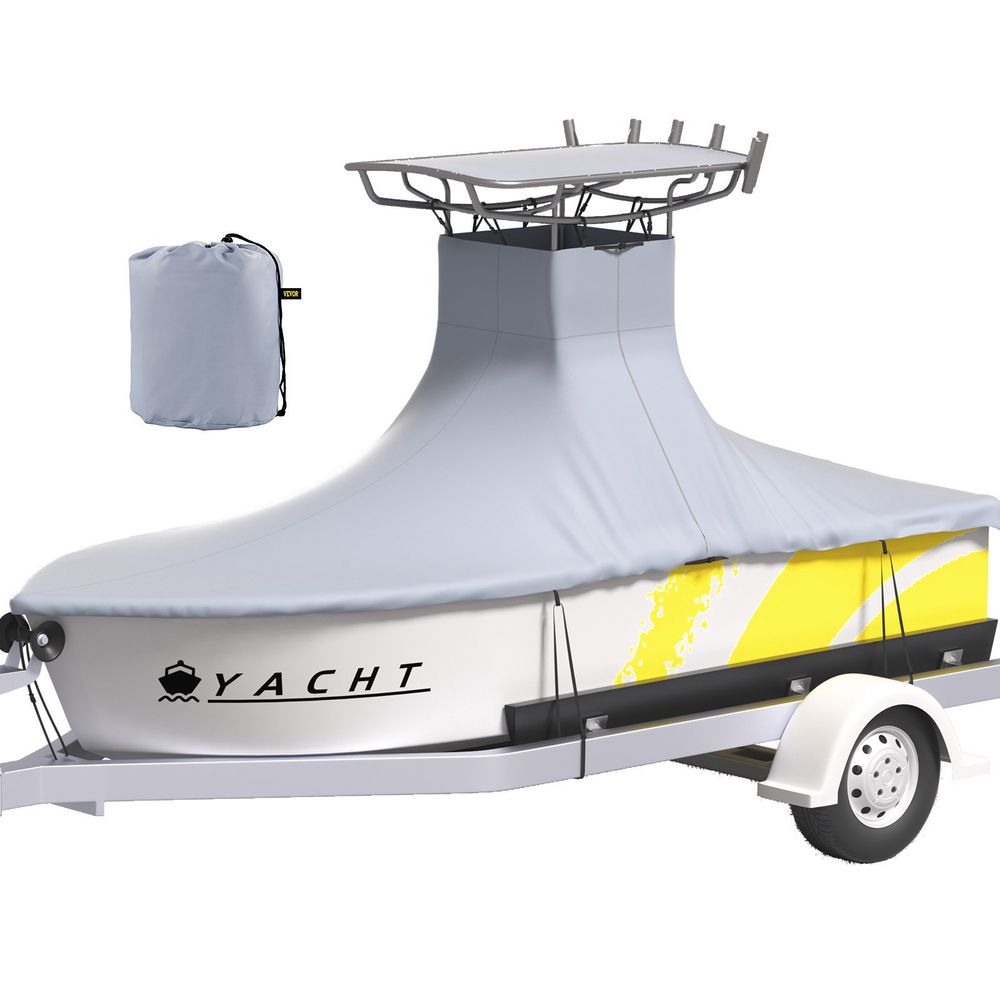 T-Top Boat Cover, Fit for 16'-18.5' Boat, Heavy Duty 600D Marine Grade Oxford Hard Top Cover, UV Resistant Waterproof Center Console Boat Cover w/ 2 Support Poles and 5 Wind-Proof Straps, Gray