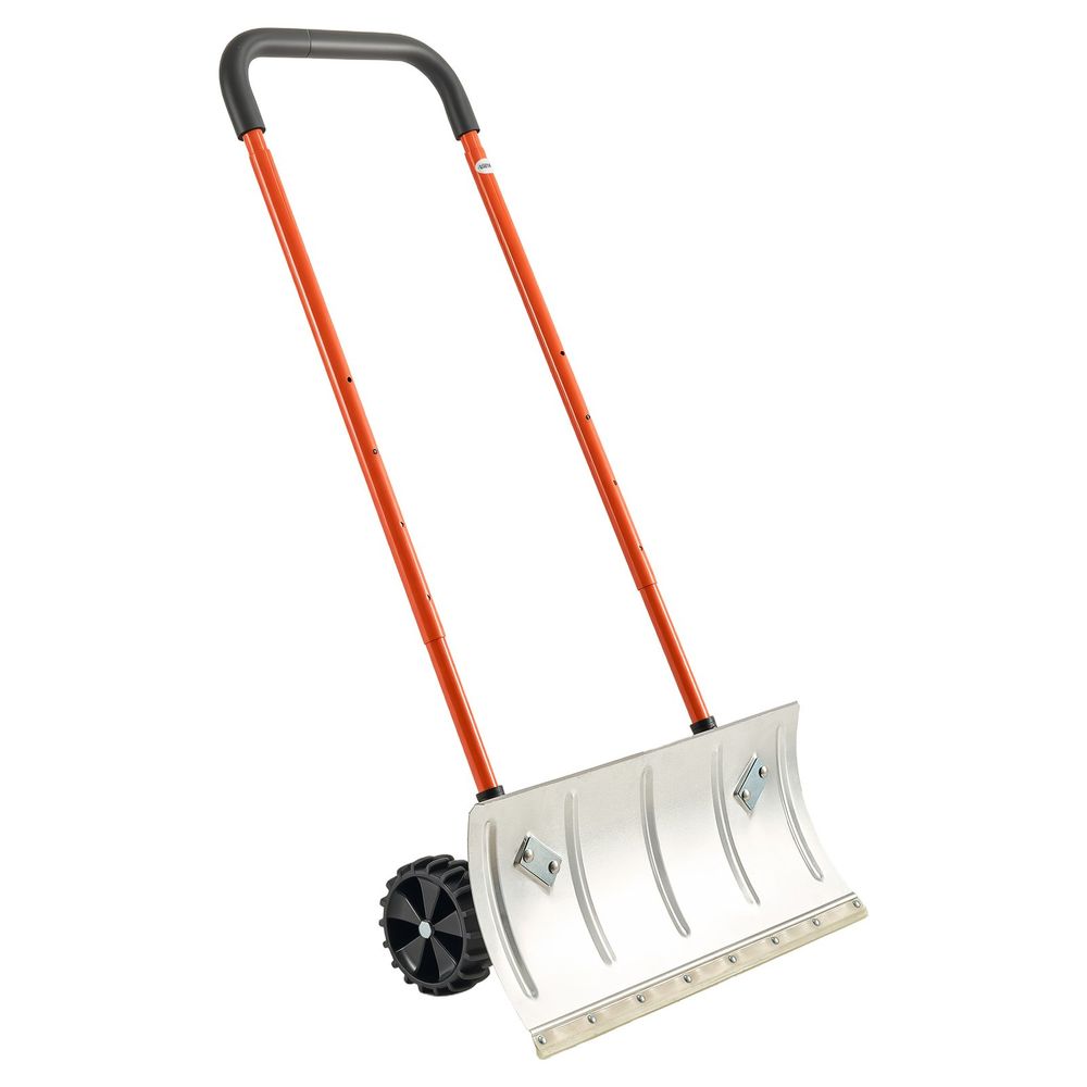 Snow Pusher Shovel with Wheels, 24 in Wheeled Snowplow Shovel with Bi-Directional Angled Blade & 90 Degree Adjustable Handle, Metal Winter Shovels, Portable Snow Removal Tool for Driveway Garden