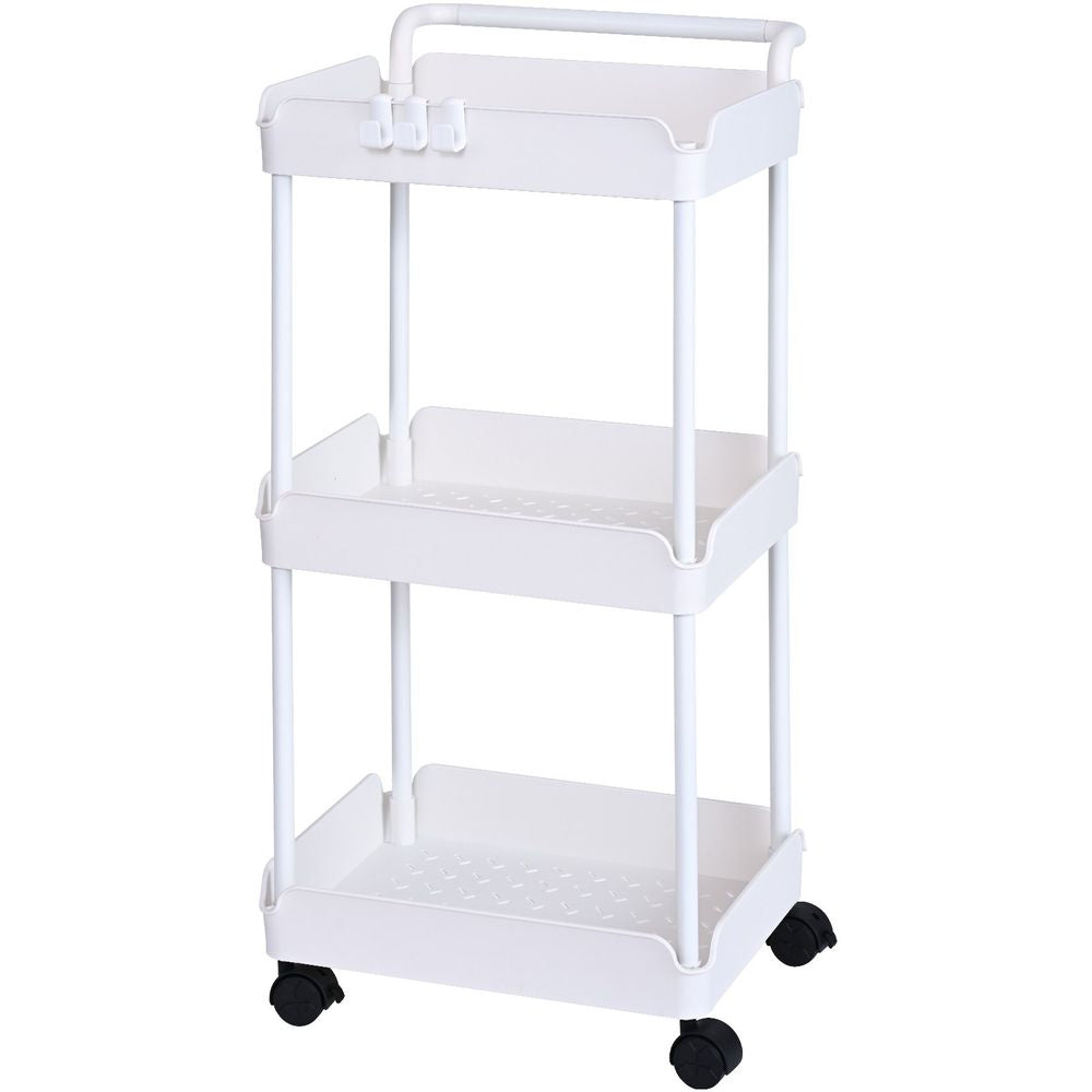 3-Tier Rolling Utility Cart, Kitchen Cart with Lockable Wheels, Multi-Functional Storage Trolley with Handle for Office, Living Room, Kitchen, Movable Storage Basket Organizer Shelves, White