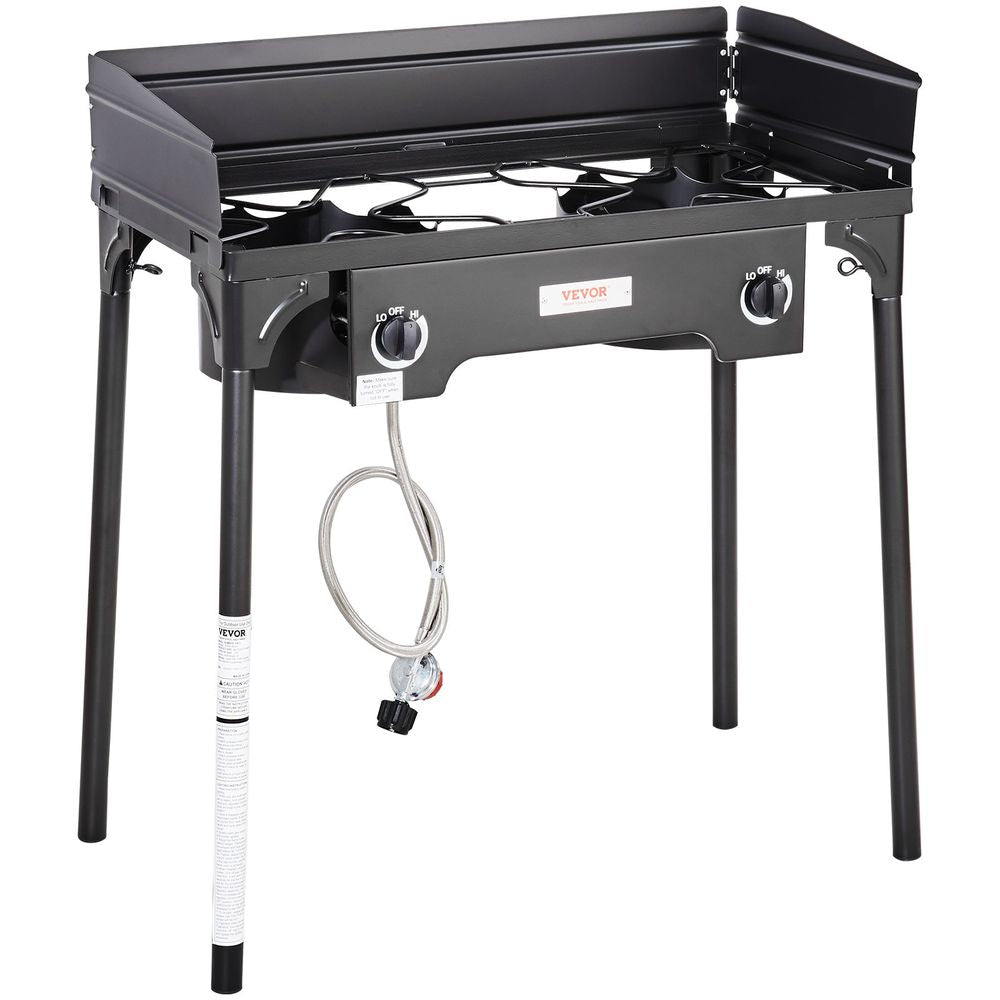 Double Burner Outdoor Camping Stove, 60,000-BTU Camping Modular Cooking Stove, Heavy Duty Carbon Steel Gas Cooker with Windscreen & Detachable Legs Stand & PSI Regulator, for BBQ Camp Patio RV