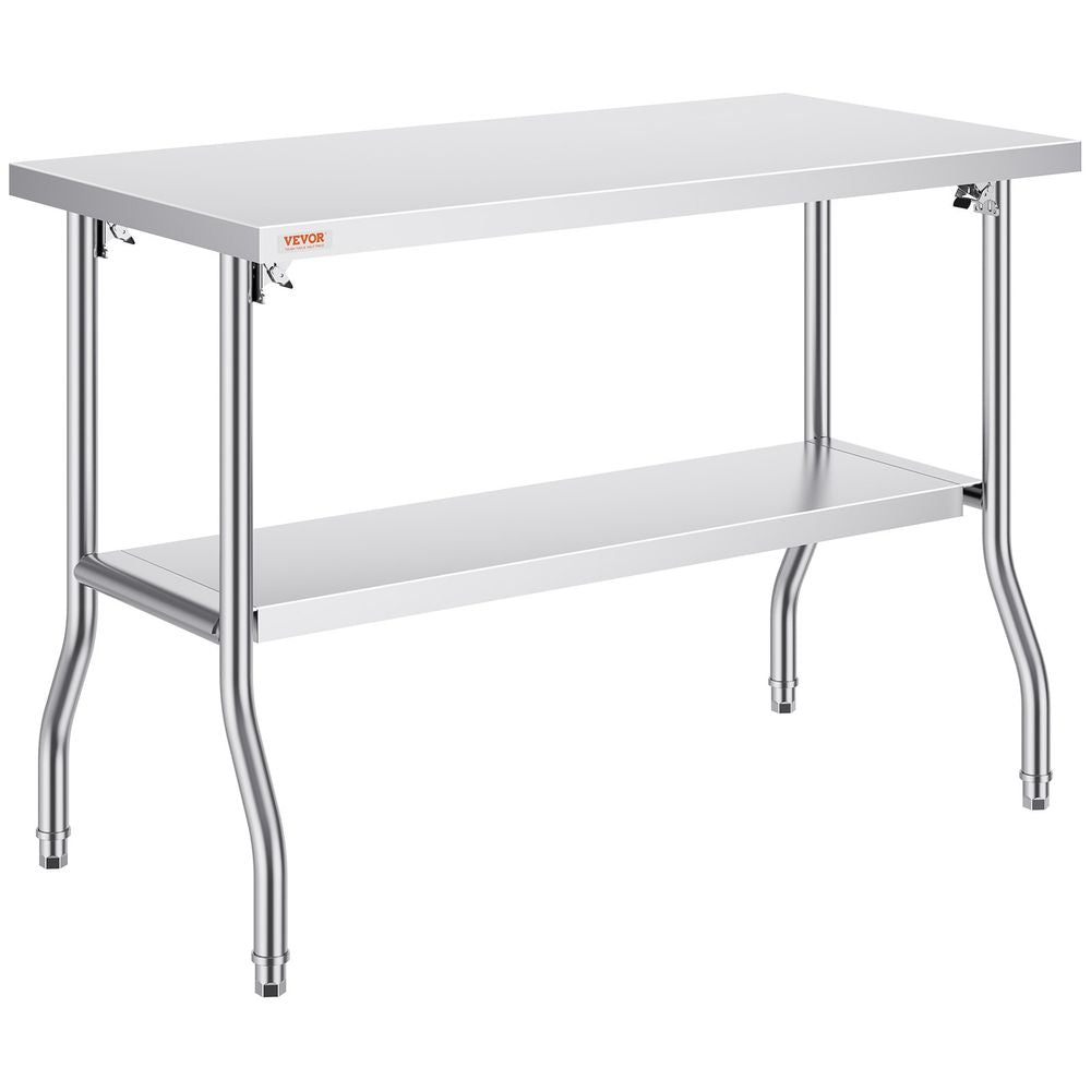 Commercial Worktable Workstation 48 x 24 Inch Folding Commercial Prep Table, Heavy-duty Stainless Steel Folding Table with 300 lbs Load, Kitchen Work Table, Silver Stainless Steel Kitchen Island