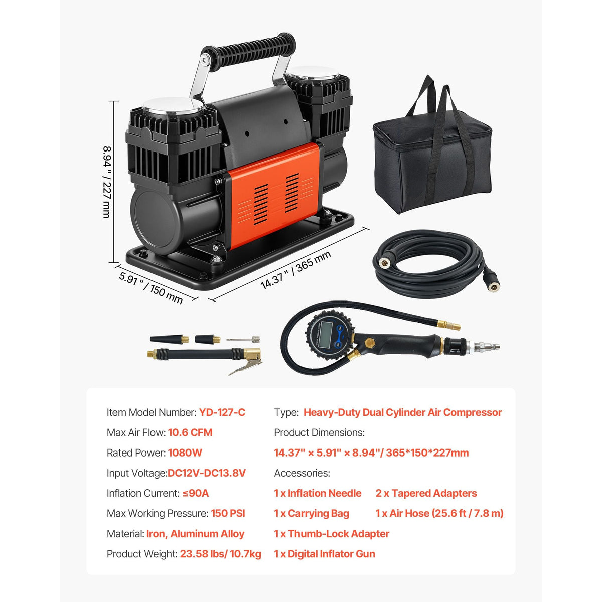 Dual-Cylinder Heavy Duty Air Compressor, 10.6CFM Portable Tire Inflator, 12V 150PSI Offroad Air Pump with Digital Pressure Gauge & Adapters for Truck Car SUV 4 x 4 Vehicle RV