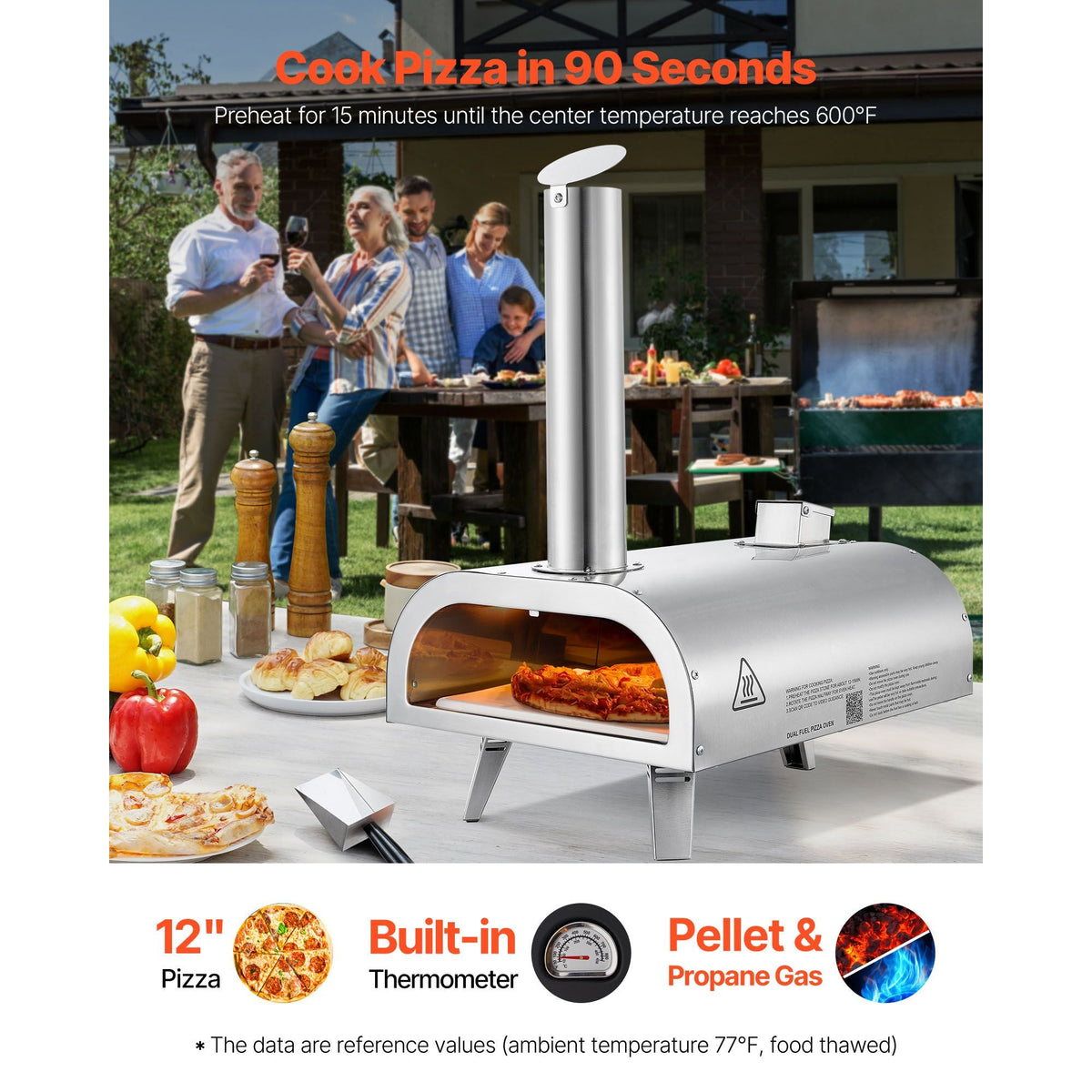 Dual Fuel Pizza Oven Outdoor, 12 Inch Wood Fire & Propane Gas Pizza Oven, Pellet & Propane Pizza-Maker with Thermometer, Stainless Steel Pizza-Cook for Outside Camping & Backyard