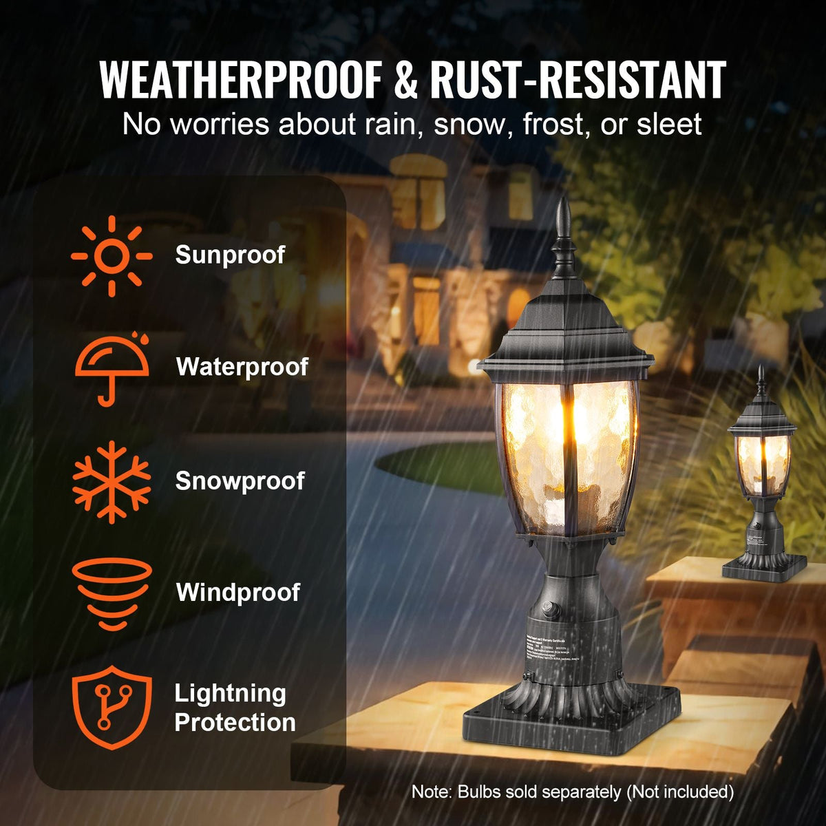 Dusk to Dawn Outdoor Post Light, 15.75 in Height, Waterproof Lamp Post Light Fixture with 5.5 in Pier Mount Base Glass Shade, Lightning-proof Exterior Pole Column Light for Patio Garden Pathway