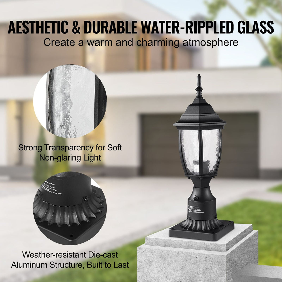 Dusk to Dawn Outdoor Post Light, 15.75 in Height, Waterproof Lamp Post Light Fixture with 5.5 in Pier Mount Base Glass Shade, Lightning-proof Exterior Pole Column Light for Patio Garden Pathway