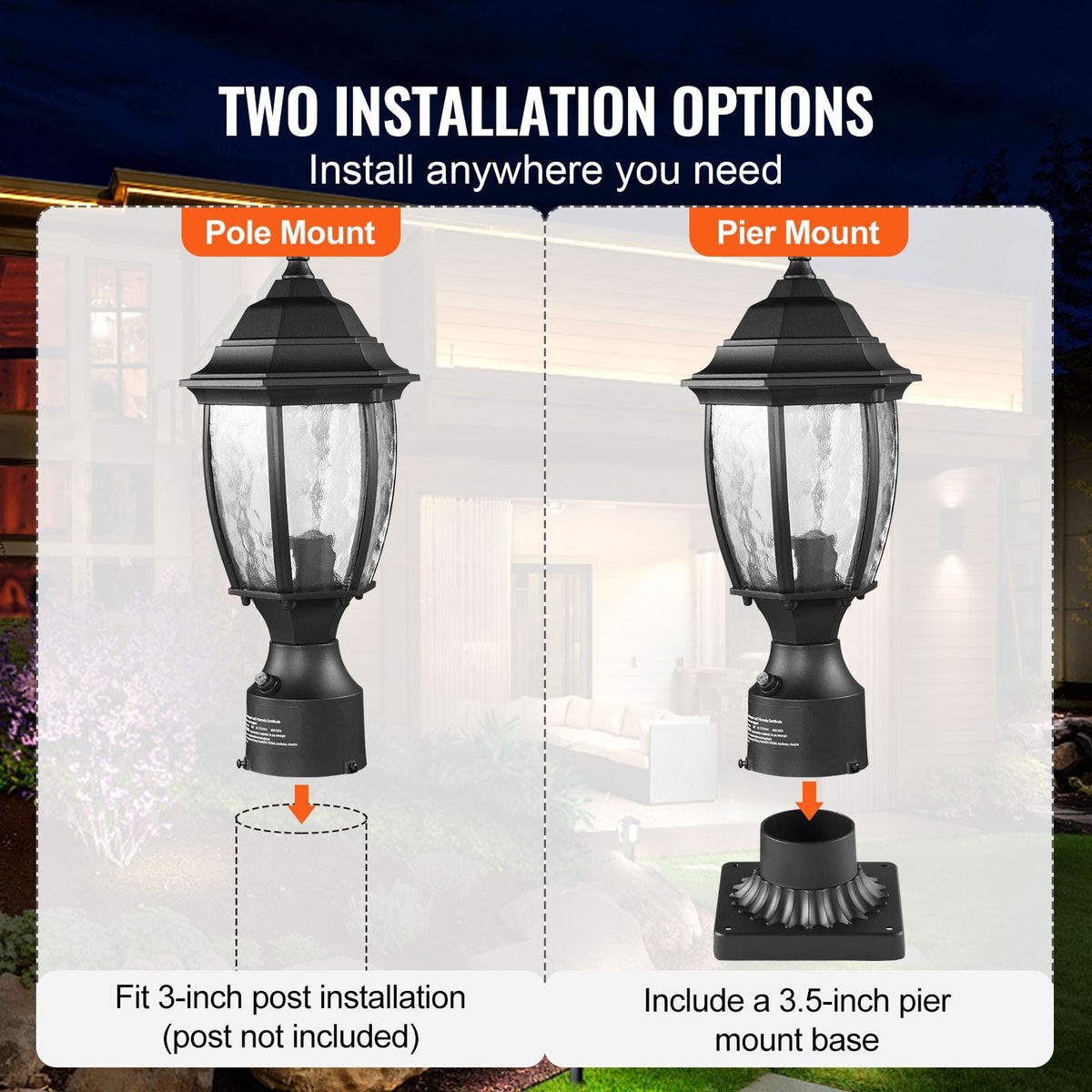 Dusk to Dawn Outdoor Post Light, 15.75 in Height, Waterproof Lamp Post Light Fixture with 5.5 in Pier Mount Base Glass Shade, Lightning-proof Exterior Pole Column Light for Patio Garden Pathway
