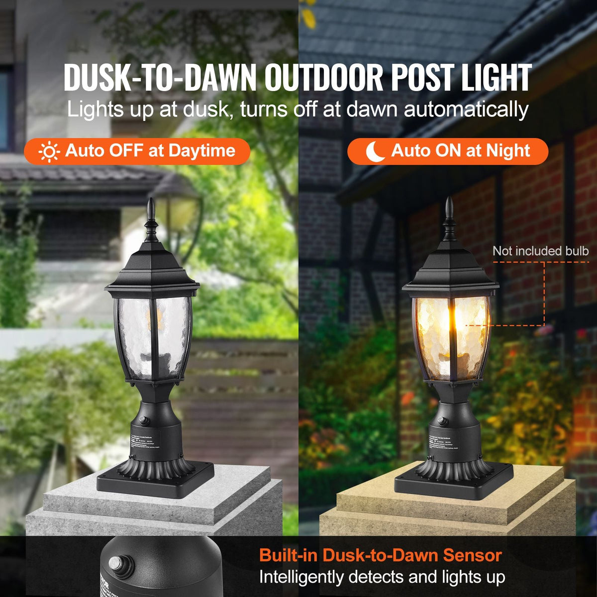 Dusk to Dawn Outdoor Post Light, 15.75 in Height, Waterproof Lamp Post Light Fixture with 5.5 in Pier Mount Base Glass Shade, Lightning-proof Exterior Pole Column Light for Patio Garden Pathway