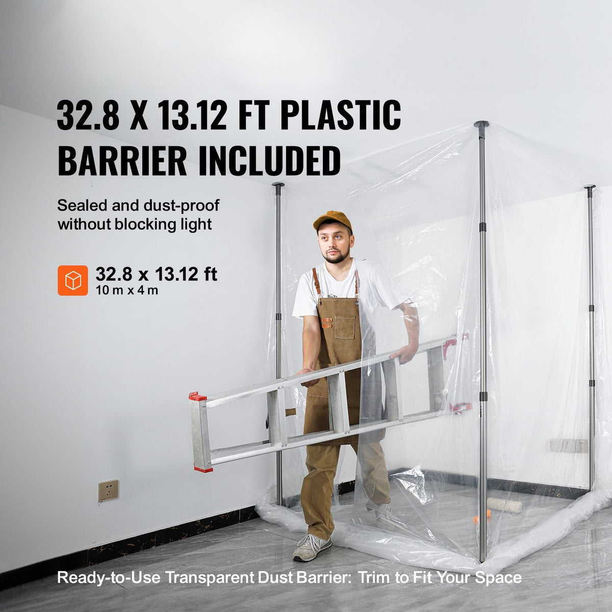 Dust Barrier Poles, Carry Bag, 10 Ft Poles with 4 Telescoping Poles, and 32.8x13.12 Ft Plastic Film, for Interior Decoration and Painting Projects