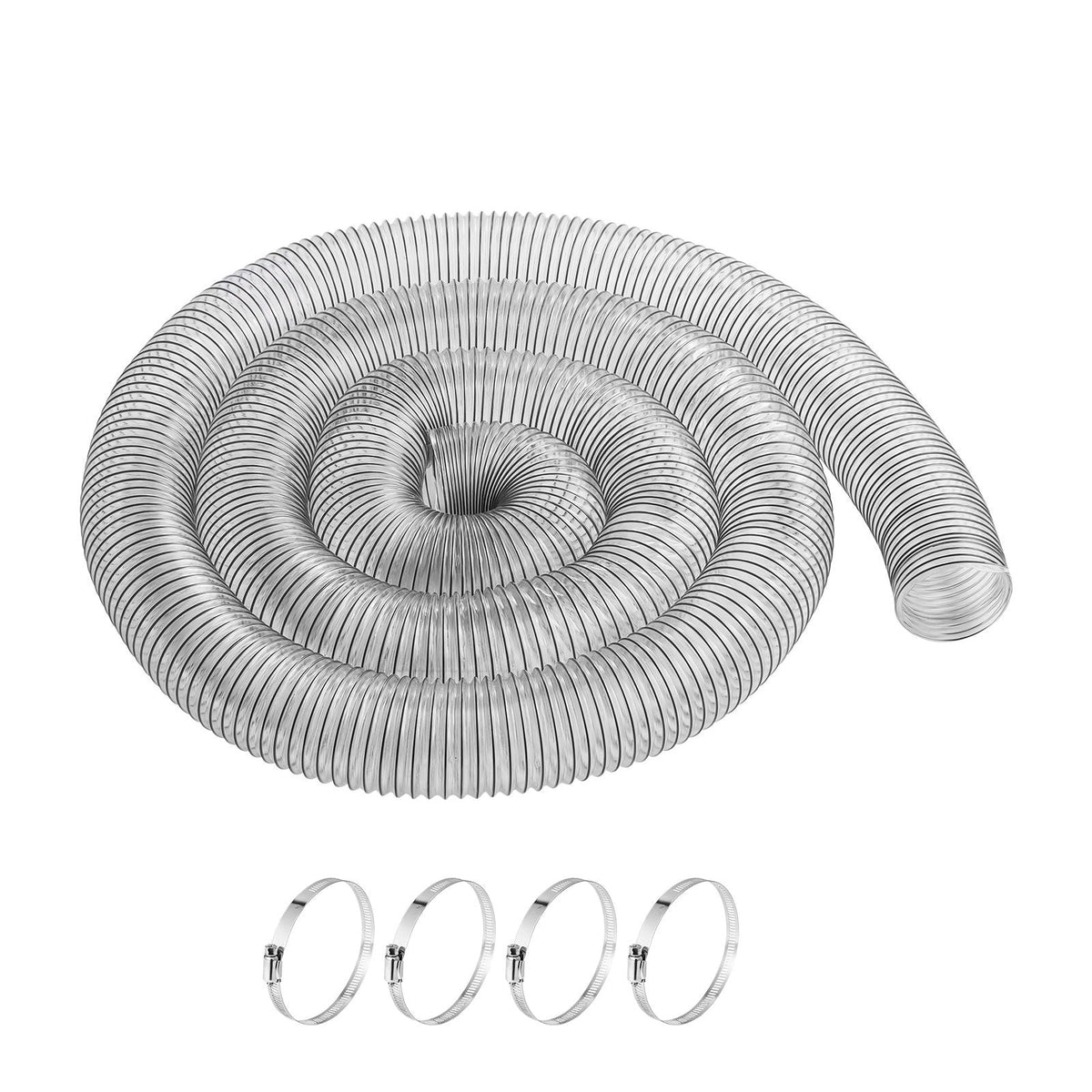 Dust Collection Hose, 4'' x 20', Thickened PVC Material Puncture-Resistant Flexible Clear Hose with Carbon Steel Wire Coil 4 x 304 Stainless Clamps, for Table Saw, Band Saw, Planer, Jointer