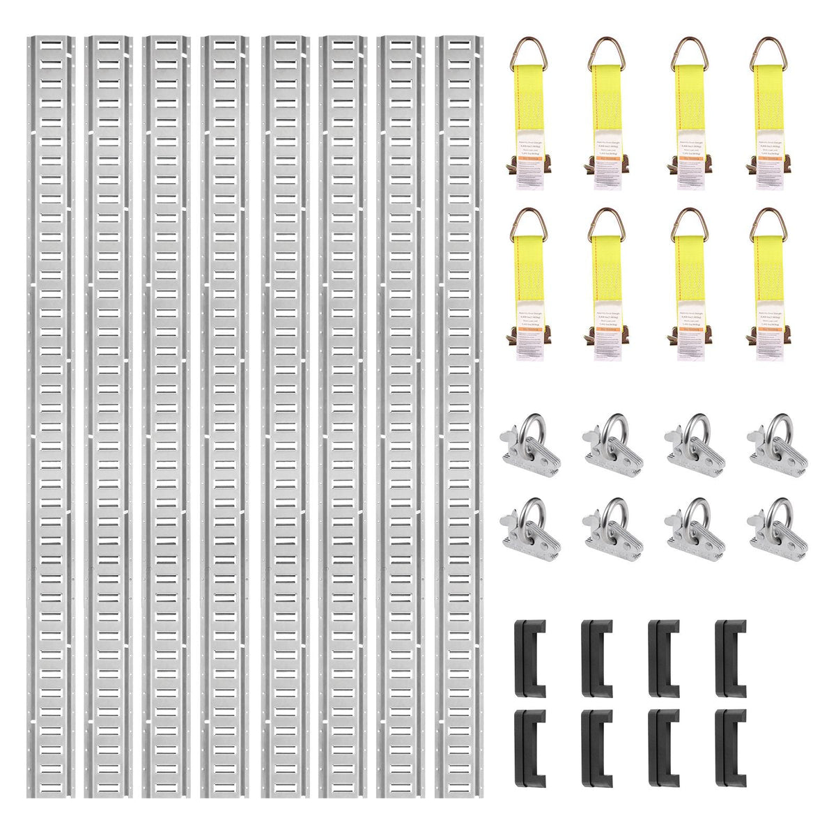 E Track Tie-Down Rail Kit, 24PCS 5' E-Tracks Set Includes 8 Steel Rails & 8 O-Ring Anchors & 8 Tie-Offs with D-Ring, Versatile Securing Accessories for Cargo Motorcycles Bikes, 2000 lbs Load