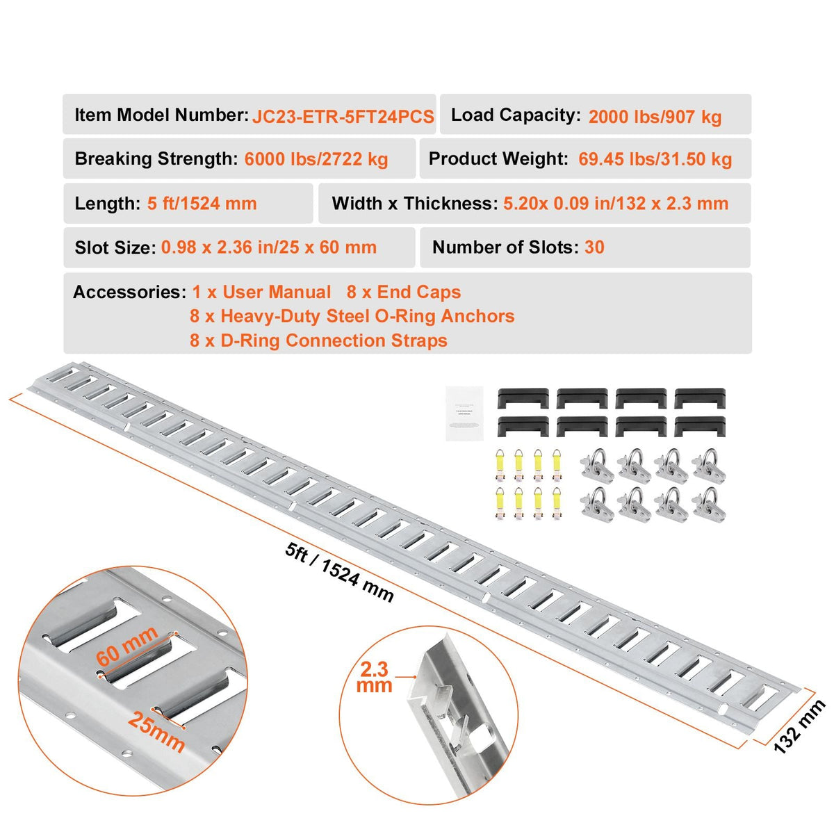 E Track Tie-Down Rail Kit, 24PCS 5' E-Tracks Set Includes 8 Steel Rails & 8 O-Ring Anchors & 8 Tie-Offs with D-Ring, Versatile Securing Accessories for Cargo Motorcycles Bikes, 2000 lbs Load
