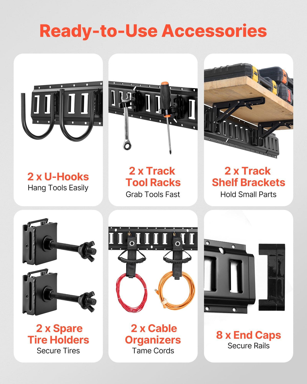 E-Track Tie-Down Rail Kit, 4 Pack 1.3 ft E Track Rails, 2 U-Shaped Hooks, 2 Tool Holders, 2 Track Shelf Brackets, 2 Tire Holders, 2 Cable Storage Rings, 8 End Caps & 1 Bag, Fit for Vans Trailers