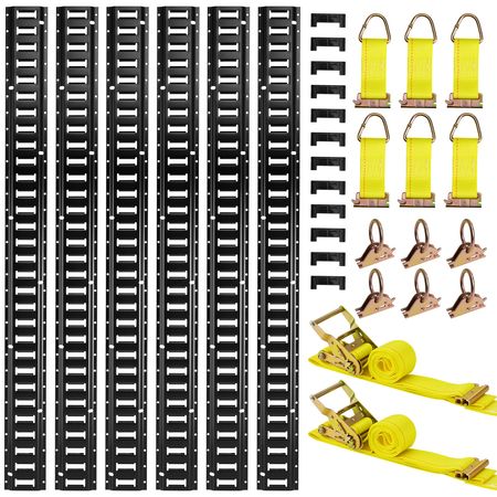 E-Track Tie-Down Rail Kit, 6 Pack 5 ft E Track Rails, 26 Pcs Includes 2 Ratchet Straps & 6 O-Rings & 6 Tie-Offs with D-Ring & 12 End Caps, Fit for Garages Vans Trailers Motorcycles
