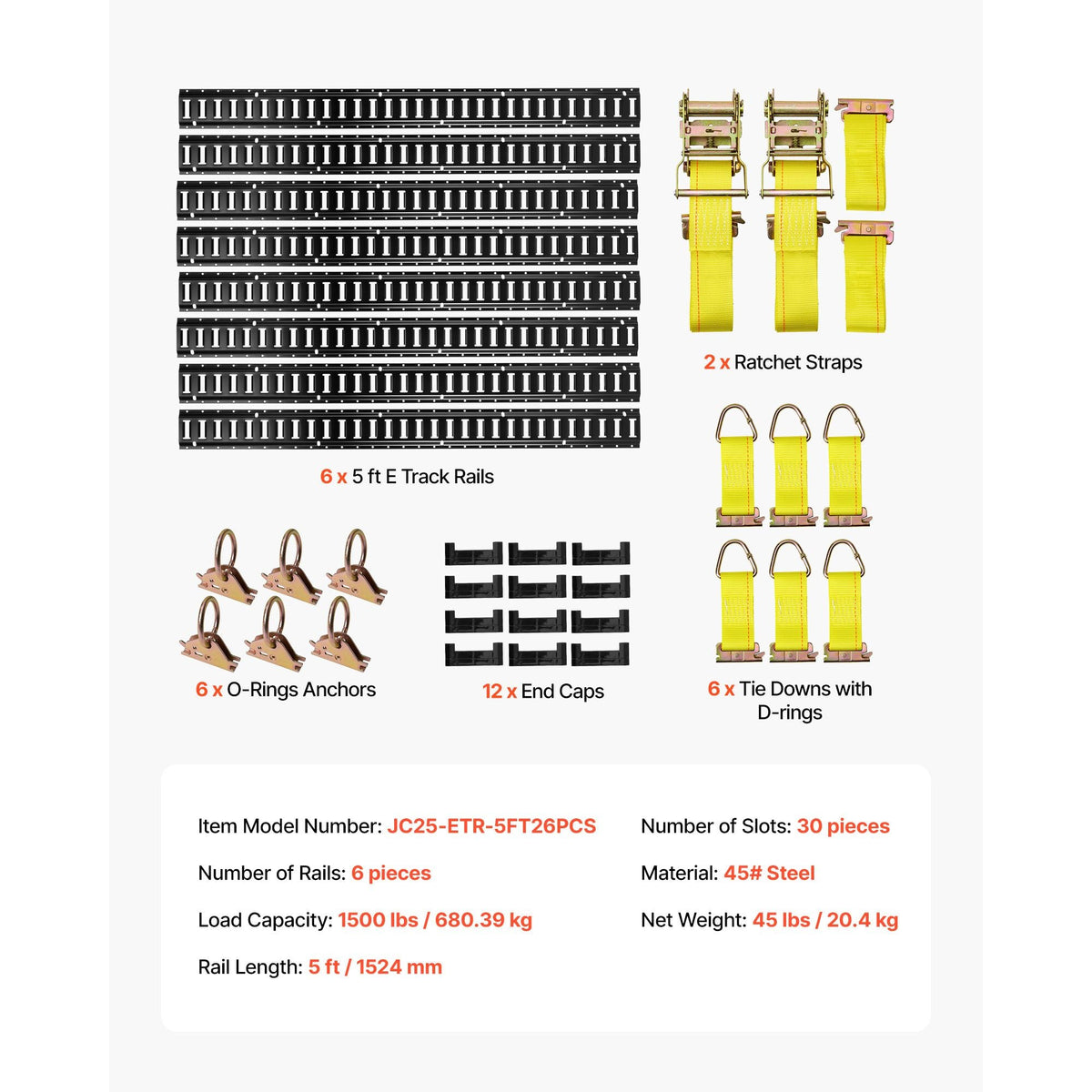 E-Track Tie-Down Rail Kit, 6 Pack 5 ft E Track Rails, 26 Pcs Includes 2 Ratchet Straps & 6 O-Rings & 6 Tie-Offs with D-Ring & 12 End Caps, Fit for Garages Vans Trailers Motorcycles