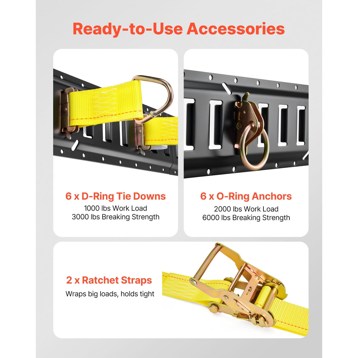 E-Track Tie-Down Rail Kit, 6 Pack 5 ft E Track Rails, 26 Pcs Includes 2 Ratchet Straps & 6 O-Rings & 6 Tie-Offs with D-Ring & 12 End Caps, Fit for Garages Vans Trailers Motorcycles