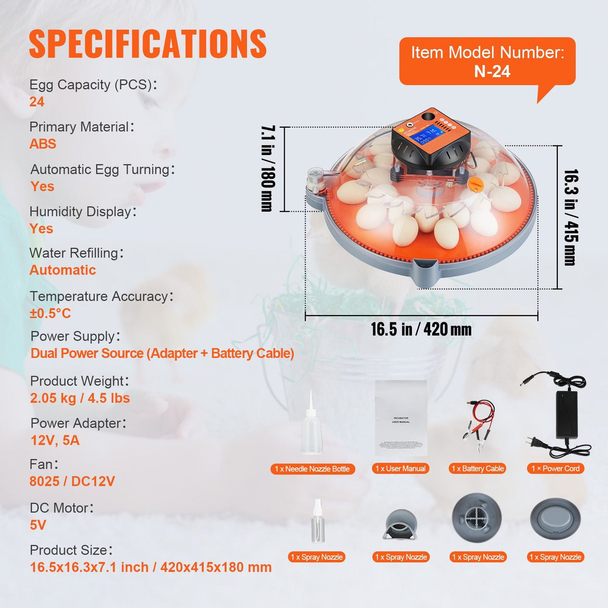 Egg Incubator, Incubators for Hatching Eggs, Automatic Egg Turner with Temperature and Humidity Control, 24 Eggs Poultry Hatcher with ABS Transparent Shell for Chicken, Duck, Quail
