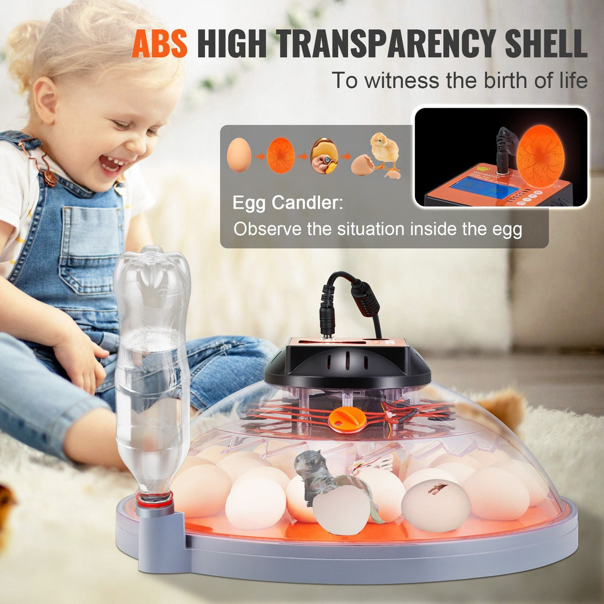 Egg Incubator, Incubators for Hatching Eggs, Automatic Egg Turner with Temperature and Humidity Control, 24 Eggs Poultry Hatcher with ABS Transparent Shell for Chicken, Duck, Quail