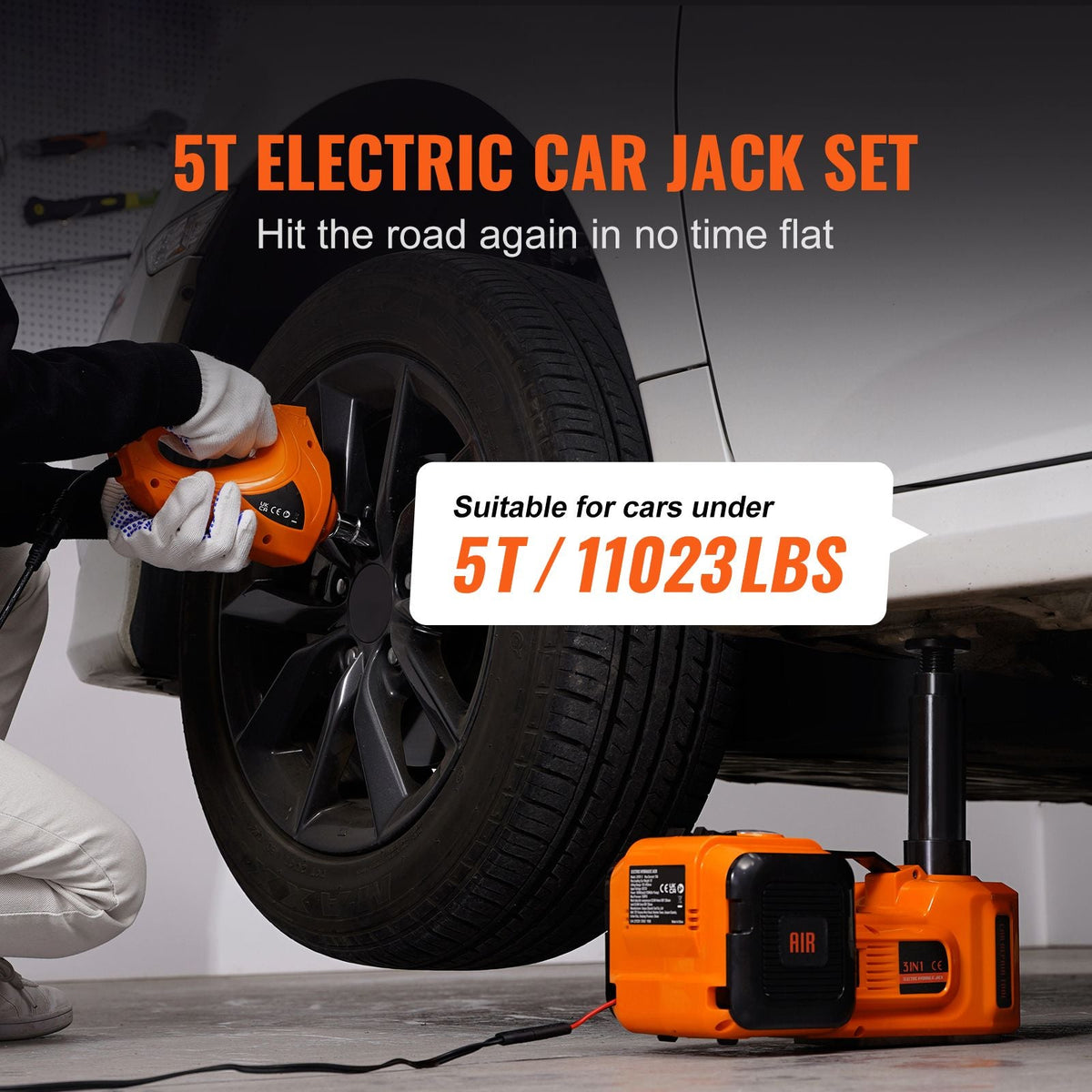 Electric Car Jack, 5 Ton/11023 LBS Hydraulic Jack with Electric Impact Wrench, Portable Car Lift with Built-in Inflatable Pump, and LED Light for SUV MPV Sedan Truck Change Tires Garage Repair