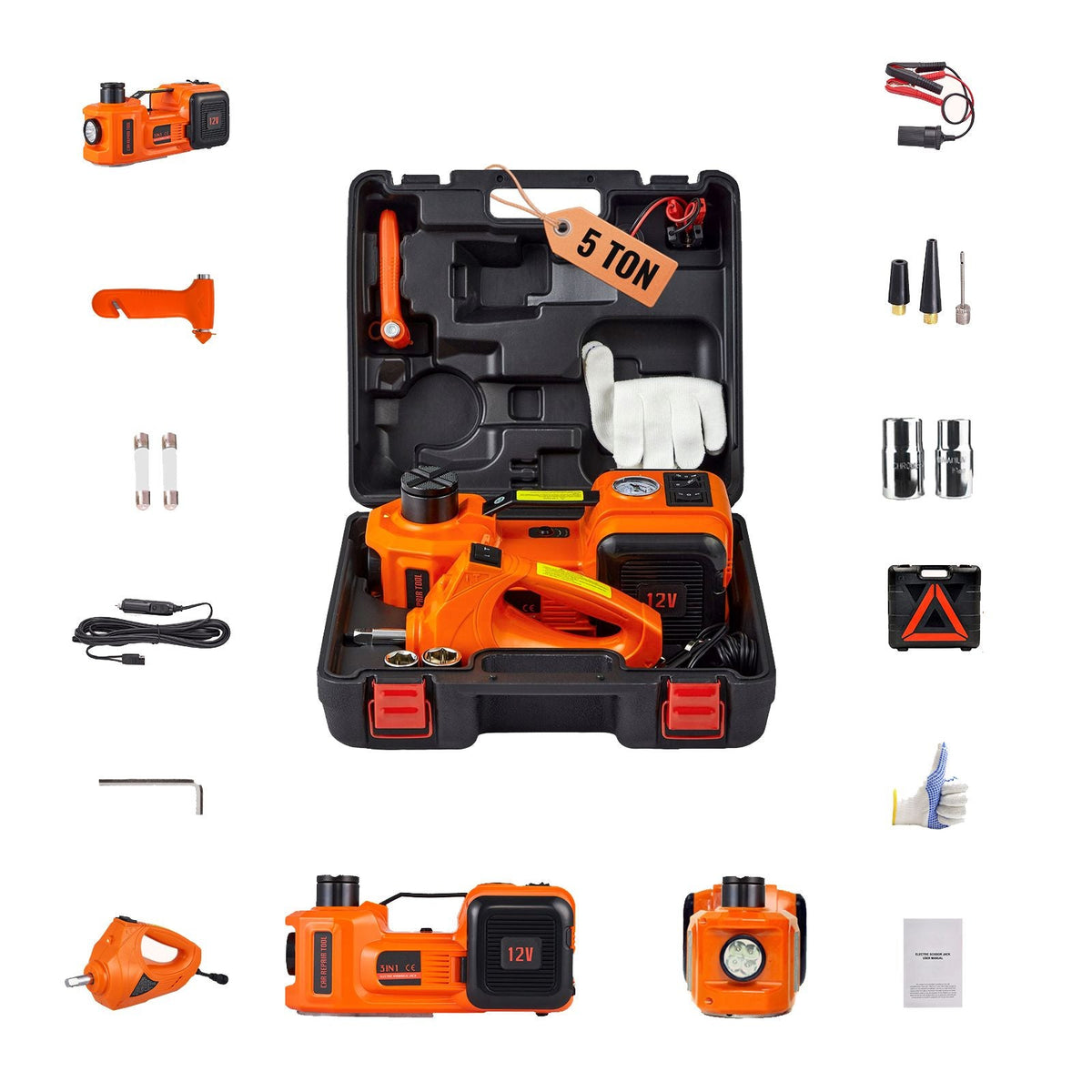 Electric Car Jack, 5 Ton/11023 LBS Hydraulic Jack with Electric Impact Wrench, Portable Car Lift with Built-in Inflatable Pump, and LED Light for SUV MPV Sedan Truck Change Tires Garage Repair