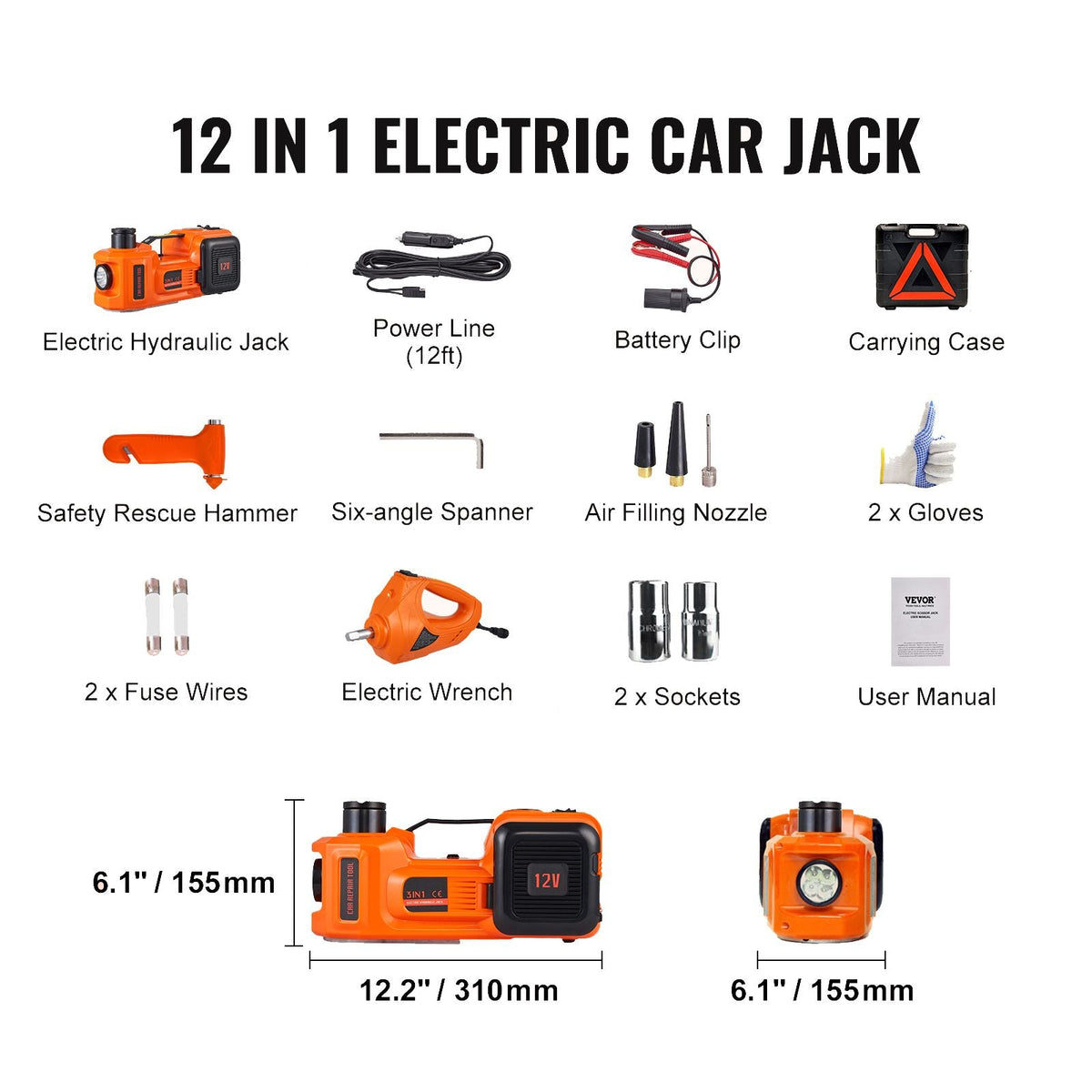 Electric Car Jack, 5 Ton/11023 LBS Hydraulic Jack with Electric Impact Wrench, Portable Car Lift with Built-in Inflatable Pump, and LED Light for SUV MPV Sedan Truck Change Tires Garage Repair