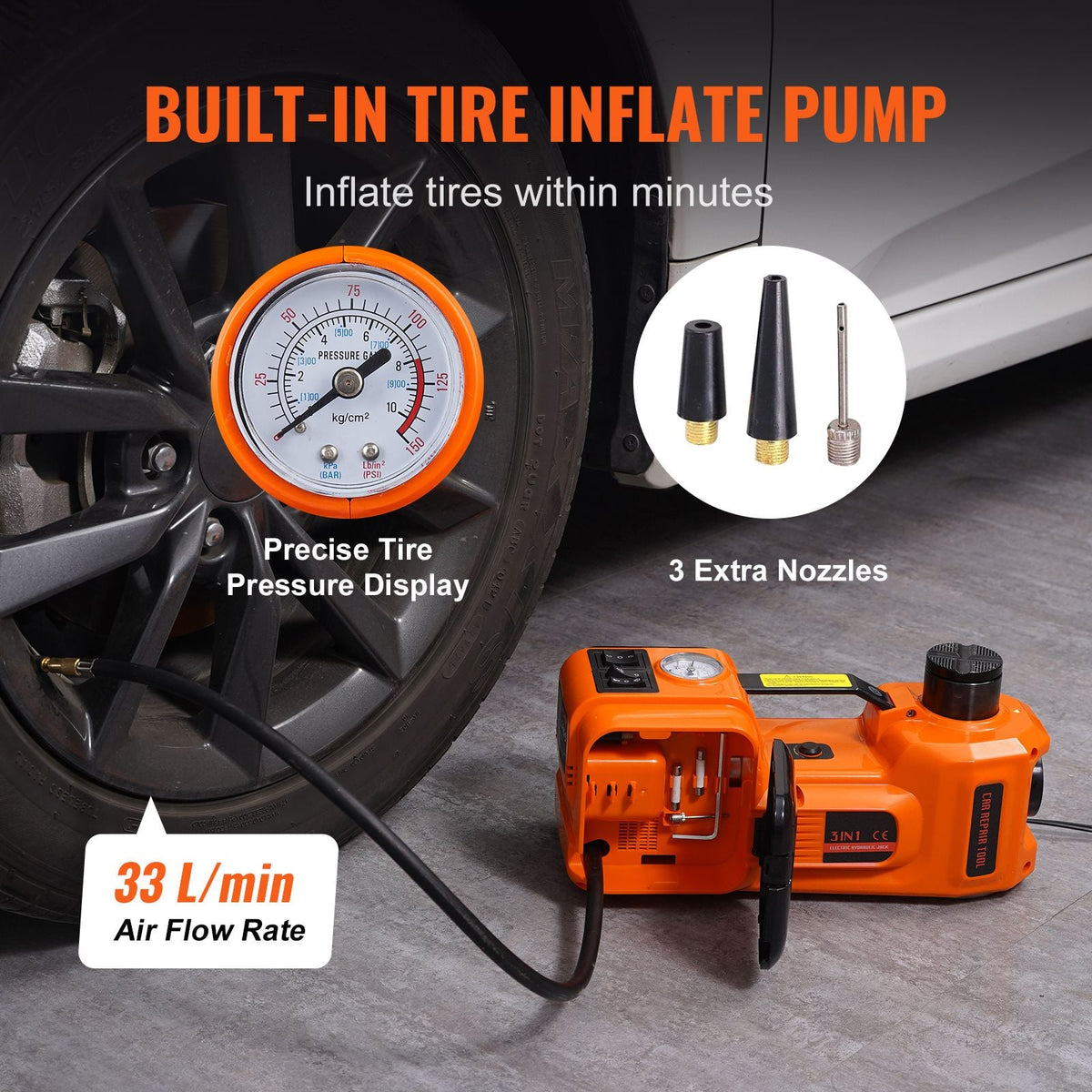 Electric Car Jack, 5 Ton/11023 LBS Hydraulic Jack with Electric Impact Wrench, Portable Car Lift with Built-in Inflatable Pump, and LED Light for SUV MPV Sedan Truck Change Tires Garage Repair