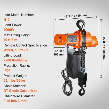 Electric Chain Hoist, 2200 lbs Load Capacity, 10 ft Lifting Height, 6.9 ft/min Speed, 120V, Single Phase Overhead Crane with Chain, 10 ft Wired Remote Control for Garage, Shop, Hotel, and Home