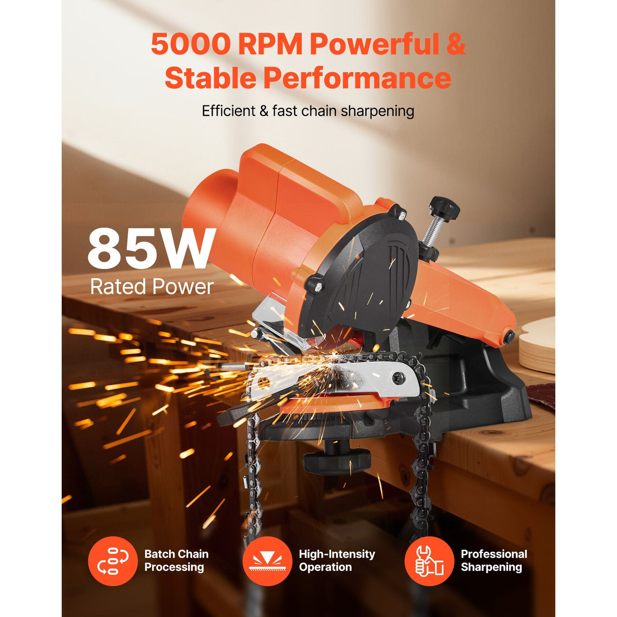 Electric Chainsaw Sharpener, 85W Bench Saw Chain Sharpener 5000RPM, Professional Chainsaw Sharpening Tool with 2 Grinding Wheels for Woodworking, Logging, Gardening
