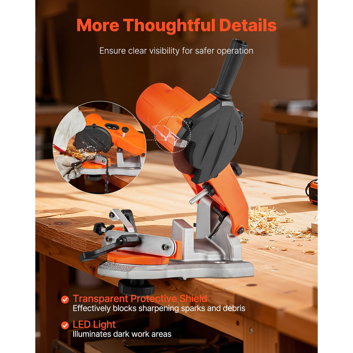 Electric Chainsaw Sharpener, 85W Bench Saw Chain Sharpener 5000RPM, Professional Chainsaw Sharpening Tool with 2 Grinding Wheels & LED Light for Woodworking, Logging, Gardening