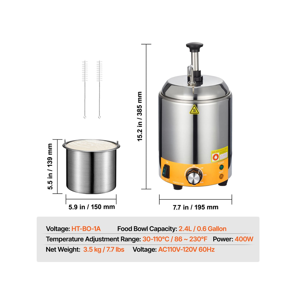 Electric Cheese Dispenser with Pump, 2.4L Commercial Hot Fudge Warmer, Stainless Steel Pump Dispenser, 86-230Fahrenheit Temp Adjustable Nacho Cheese Sauce Warmer, for Hot Fudge Cheese Caramel