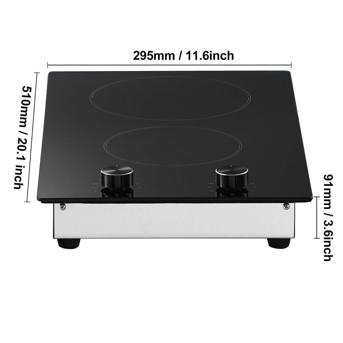Electric Cooktop, 12 inch 2 Burners Built-in Electric Stove Top, 3000W Ceramic Top Radiant Cooktop, with Glass Panel, Knob Control, 11 Heat Levels, 220-240V, Hard Wire (No Plug)