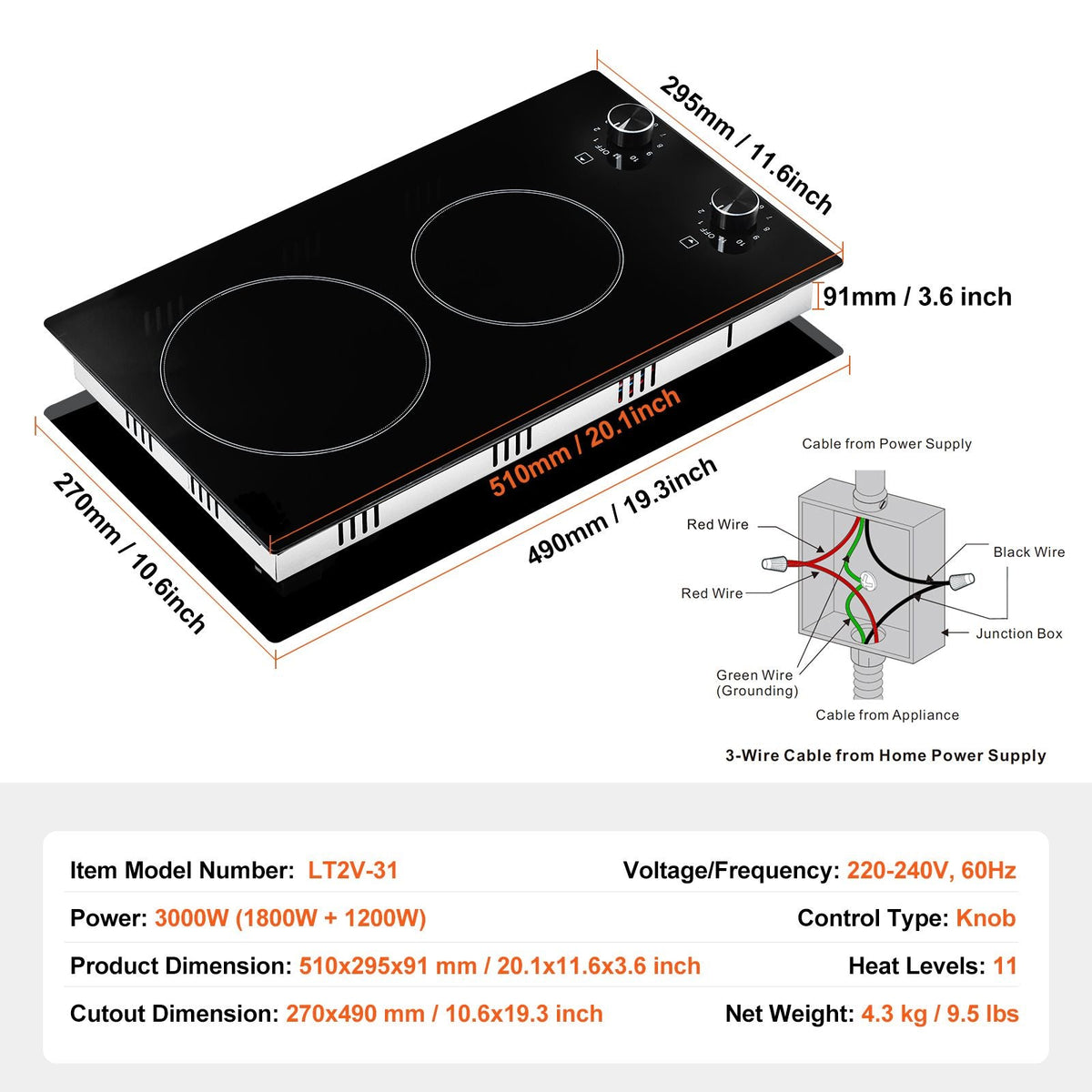 Electric Cooktop, 12 inch 2 Burners Built-in Electric Stove Top, 3000W Ceramic Top Radiant Cooktop, with Glass Panel, Knob Control, 11 Heat Levels, 220-240V, Hard Wire (No Plug)