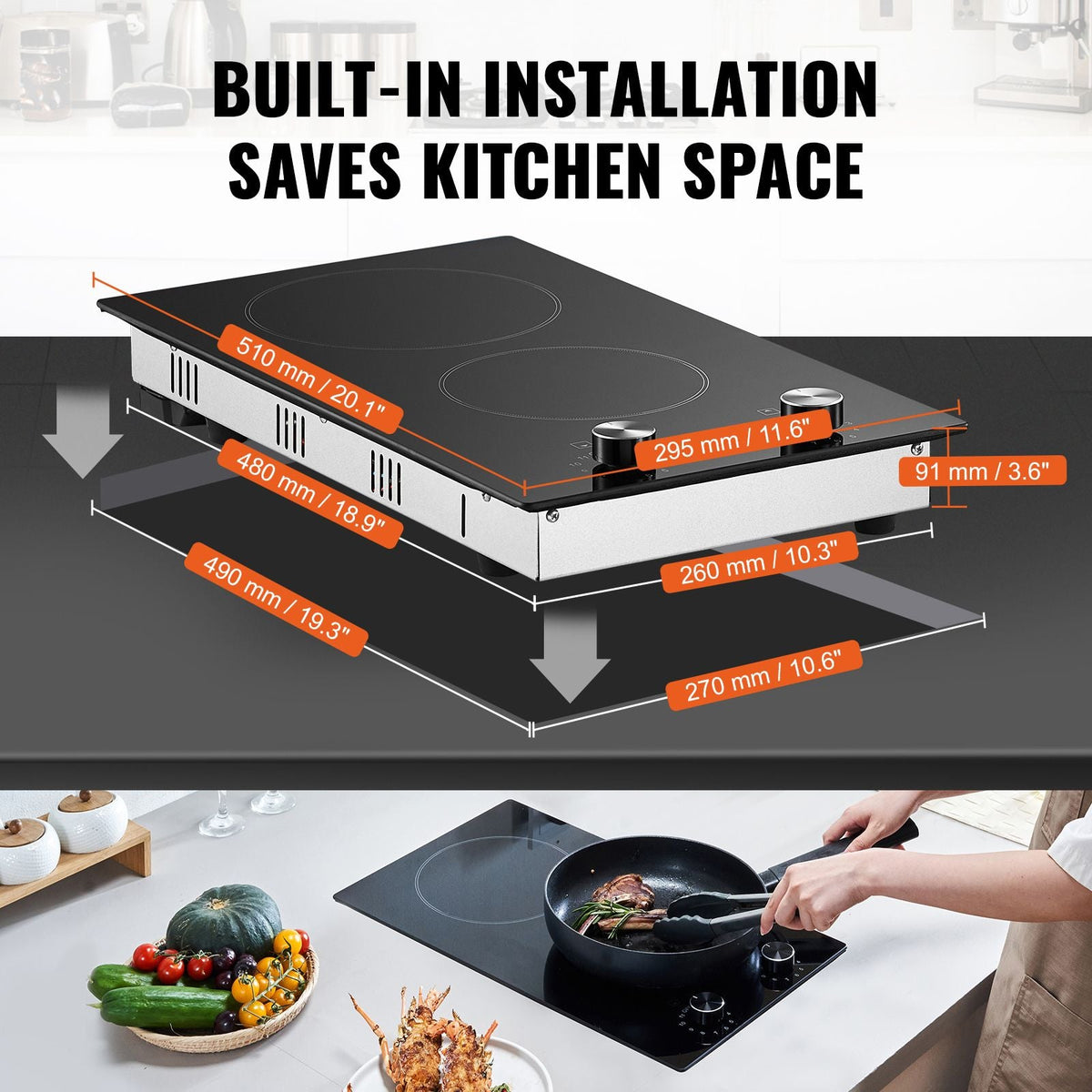 Electric Cooktop, 12 inch 2 Burners Built-in Electric Stove Top, 3000W Ceramic Top Radiant Cooktop, with Glass Panel, Knob Control, 11 Heat Levels, 220-240V, Hard Wire (No Plug)