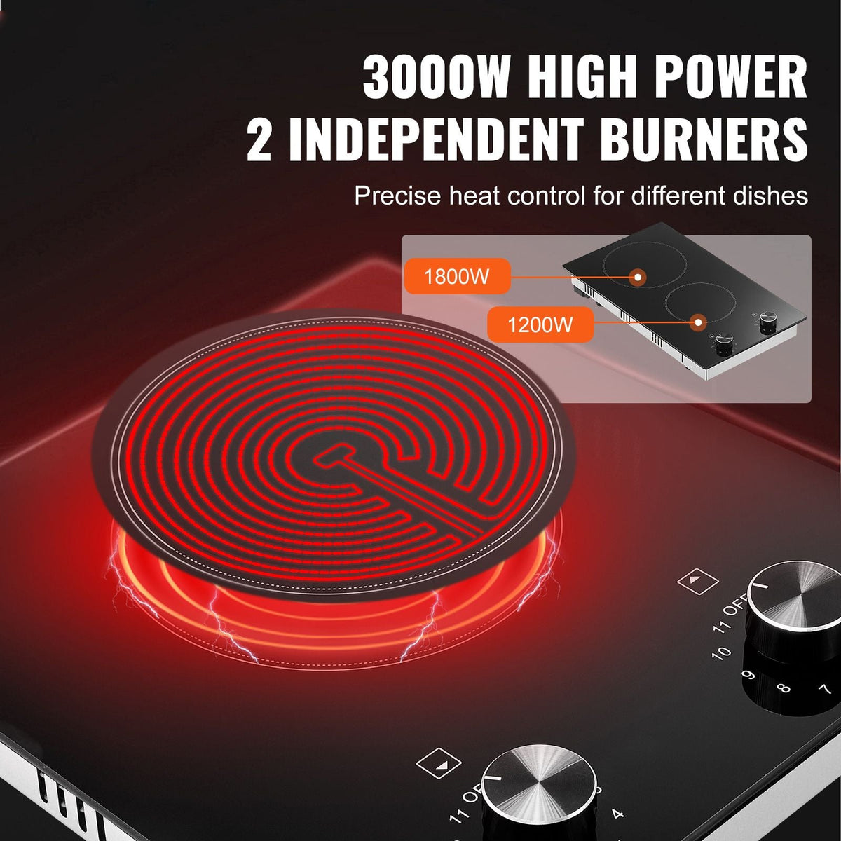 Electric Cooktop, 12 inch 2 Burners Built-in Electric Stove Top, 3000W Ceramic Top Radiant Cooktop, with Glass Panel, Knob Control, 11 Heat Levels, 220-240V, Hard Wire (No Plug)