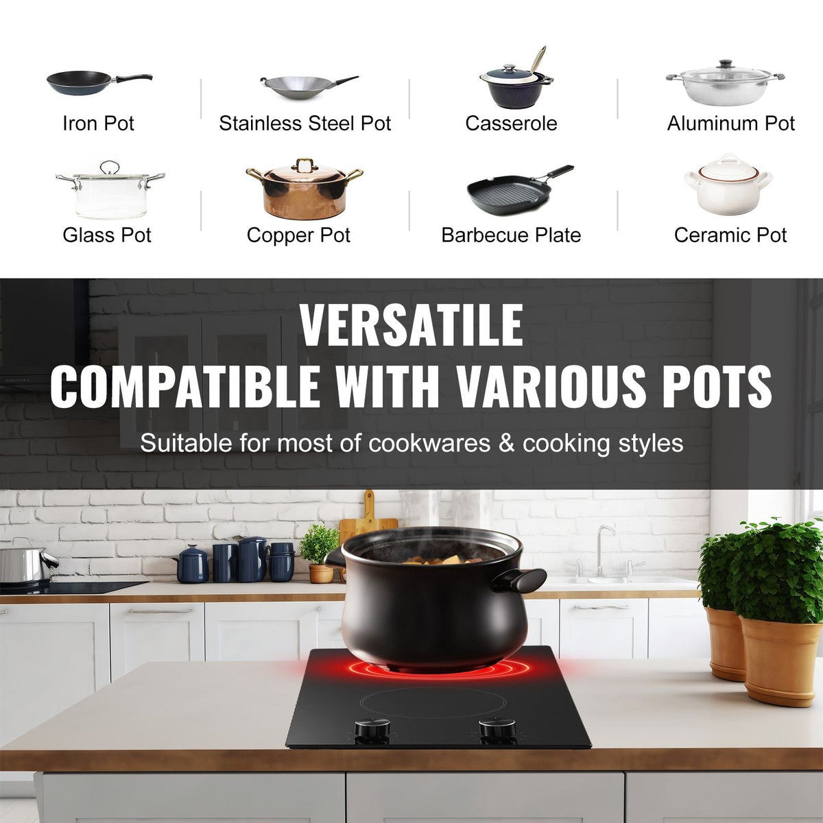 Electric Cooktop, 12 inch 2 Burners Built-in Electric Stove Top, 3000W Ceramic Top Radiant Cooktop, with Glass Panel, Knob Control, 11 Heat Levels, 220-240V, Hard Wire (No Plug)