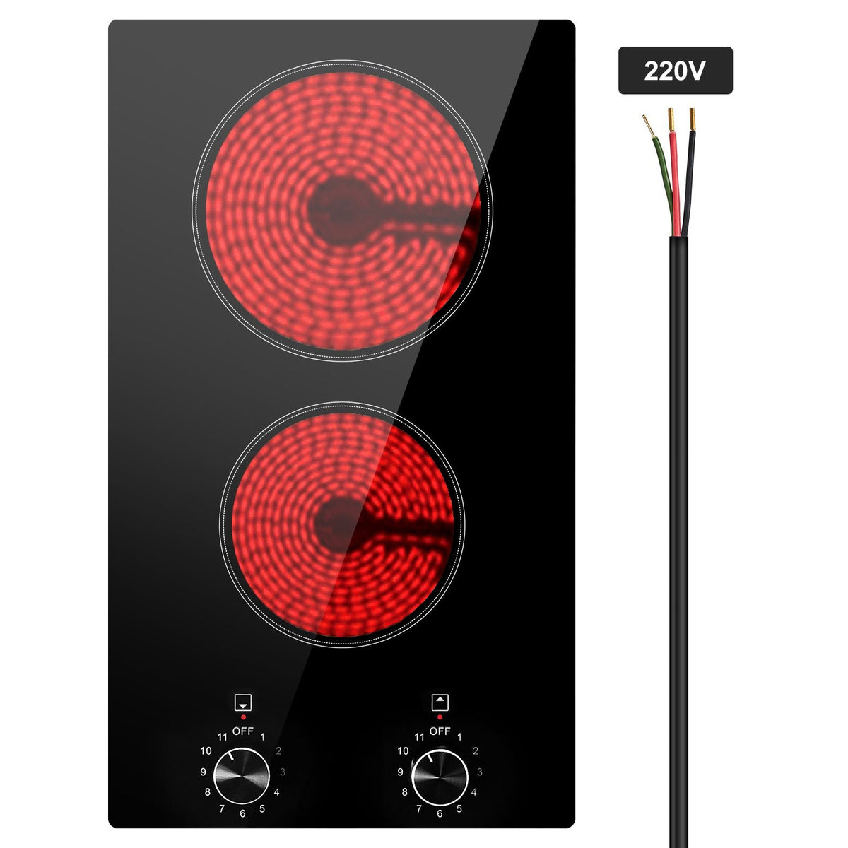 Electric Cooktop, 12 inch 2 Burners Built-in Electric Stove Top, 3000W Ceramic Top Radiant Cooktop, with Glass Panel, Knob Control, 11 Heat Levels, 220-240V, Hard Wire (No Plug)