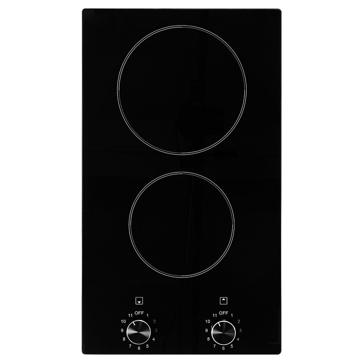 Electric Cooktop, 12 inch 2 Burners Built-in Electric Stove Top, 3000W Ceramic Top Radiant Cooktop, with Glass Panel, Knob Control, 11 Heat Levels, 220-240V, Hard Wire (No Plug)