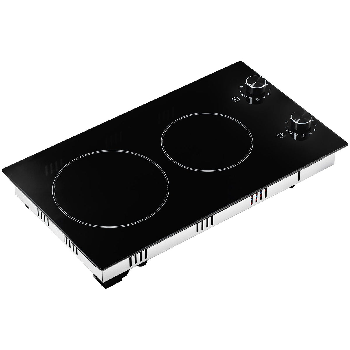 Electric Cooktop, 12 inch 2 Burners Built-in Electric Stove Top, 3000W Ceramic Top Radiant Cooktop, with Glass Panel, Knob Control, 11 Heat Levels, 220-240V, Hard Wire (No Plug)
