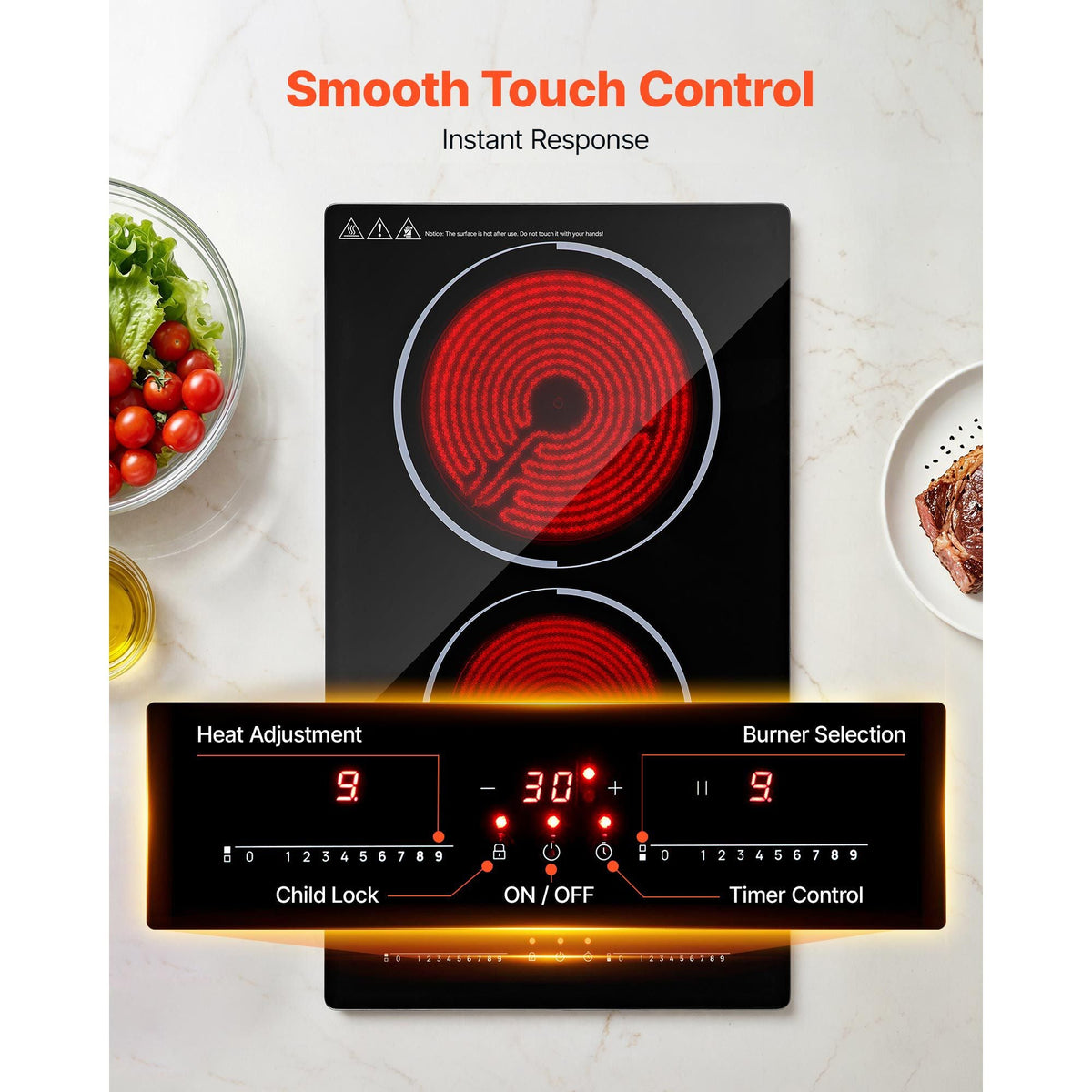 Electric Cooktop 12inch 2 Burners Portable Stove Top 1800W 120V, Ceramic Countertop/Built-in Radiant Electric Stove, with 9 Power Levels, Timer, Child Lock, Over-Heat Guard, Touch Control