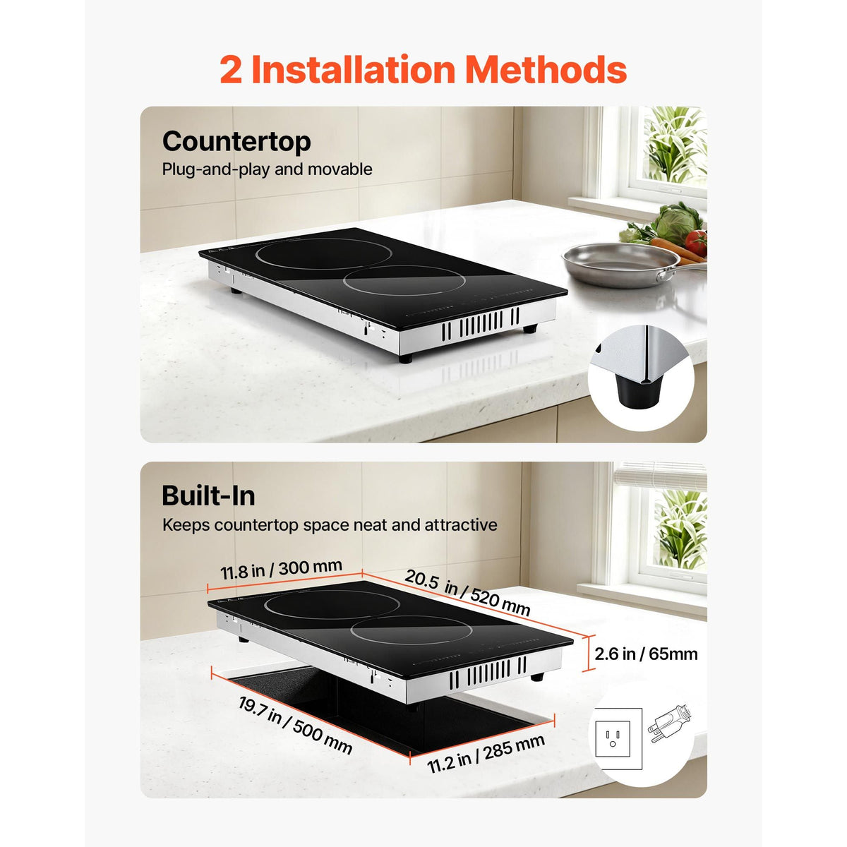 Electric Cooktop 12inch 2 Burners Portable Stove Top 1800W 120V, Ceramic Countertop/Built-in Radiant Electric Stove, with 9 Power Levels, Timer, Child Lock, Over-Heat Guard, Touch Control