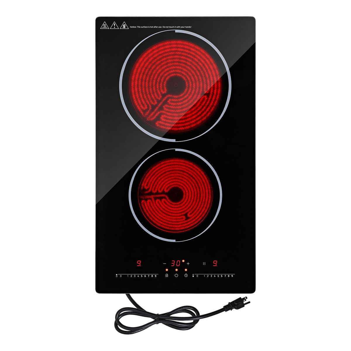 Electric Cooktop 12inch 2 Burners Portable Stove Top 1800W 120V, Ceramic Countertop/Built-in Radiant Electric Stove, with 9 Power Levels, Timer, Child Lock, Over-Heat Guard, Touch Control