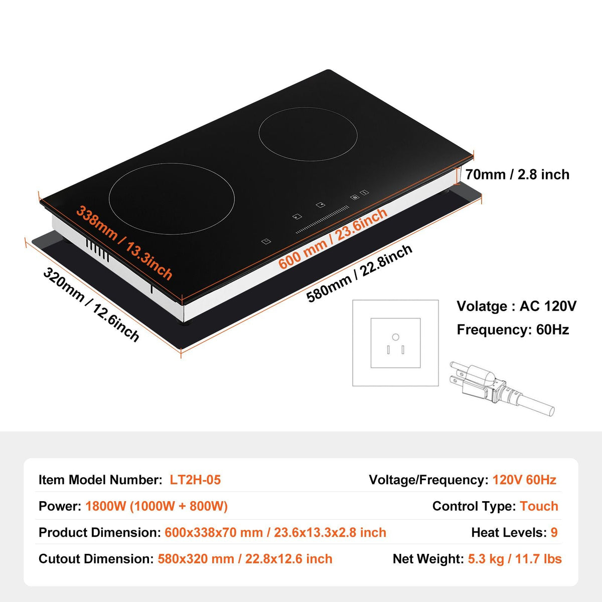 Electric Cooktop, 24 inch 2 Burners Built-in Electric Stove Top, 1800W Ceramic Top Radiant Cooktop with Glass Panel, Touch Control, Timer, Child Lock, 9 Heat Level, Residual Heat Indicator, 120V