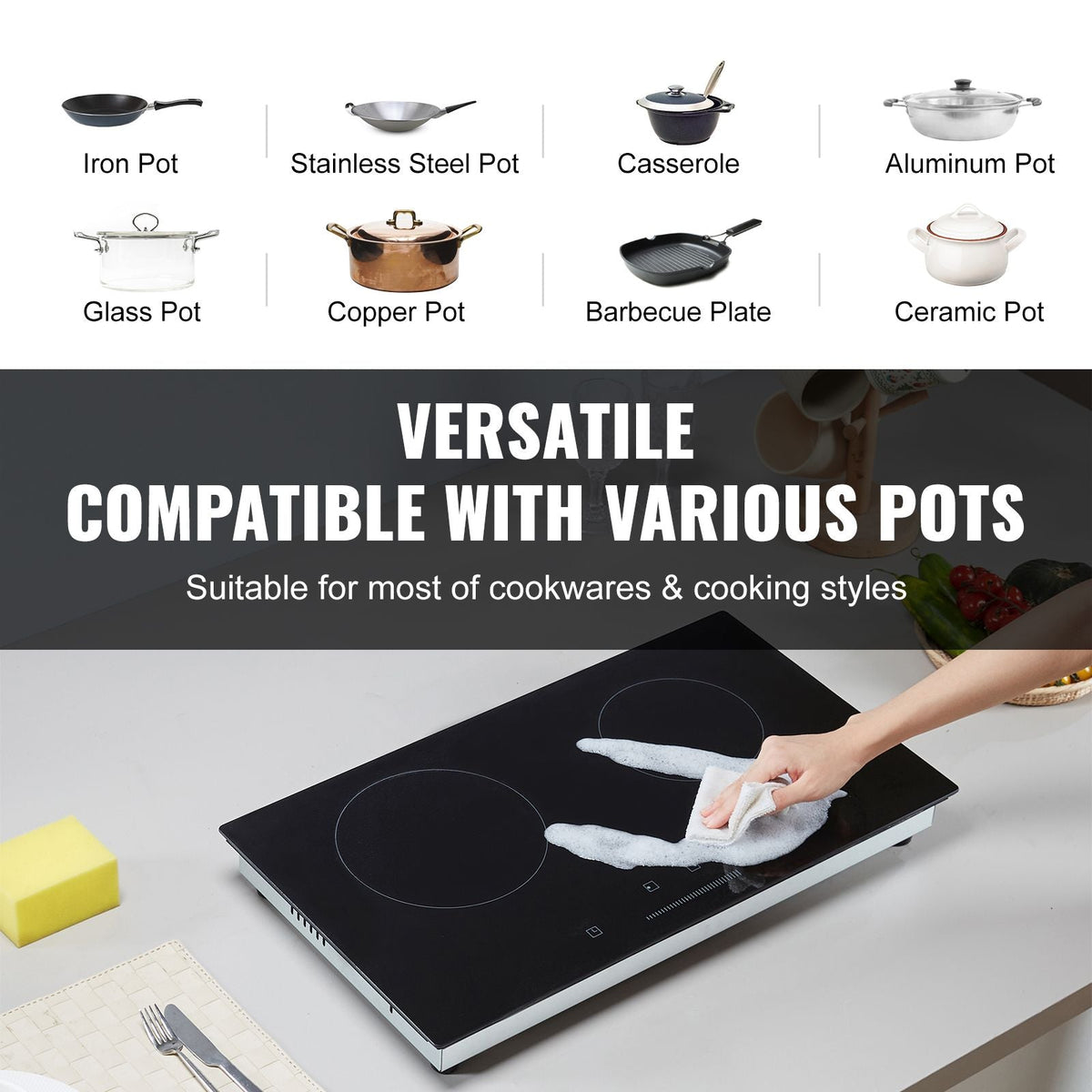 Electric Cooktop, 24 inch 2 Burners Built-in Electric Stove Top, 1800W Ceramic Top Radiant Cooktop with Glass Panel, Touch Control, Timer, Child Lock, 9 Heat Level, Residual Heat Indicator, 120V