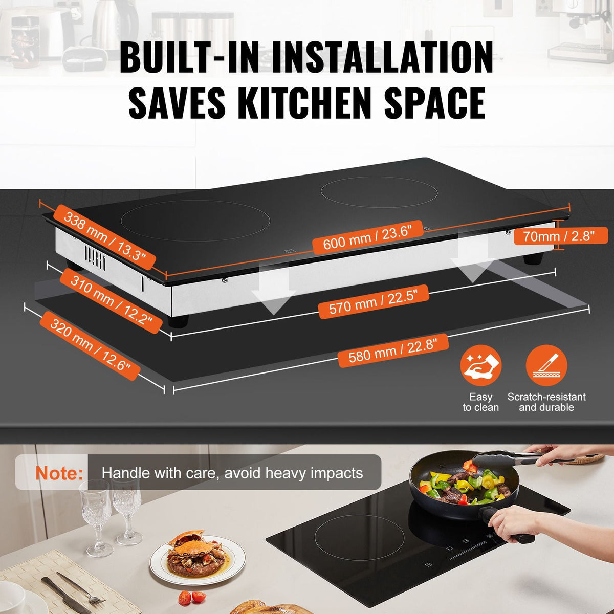 Electric Cooktop, 24 inch 2 Burners Built-in Electric Stove Top, 1800W Ceramic Top Radiant Cooktop with Glass Panel, Touch Control, Timer, Child Lock, 9 Heat Level, Residual Heat Indicator, 120V