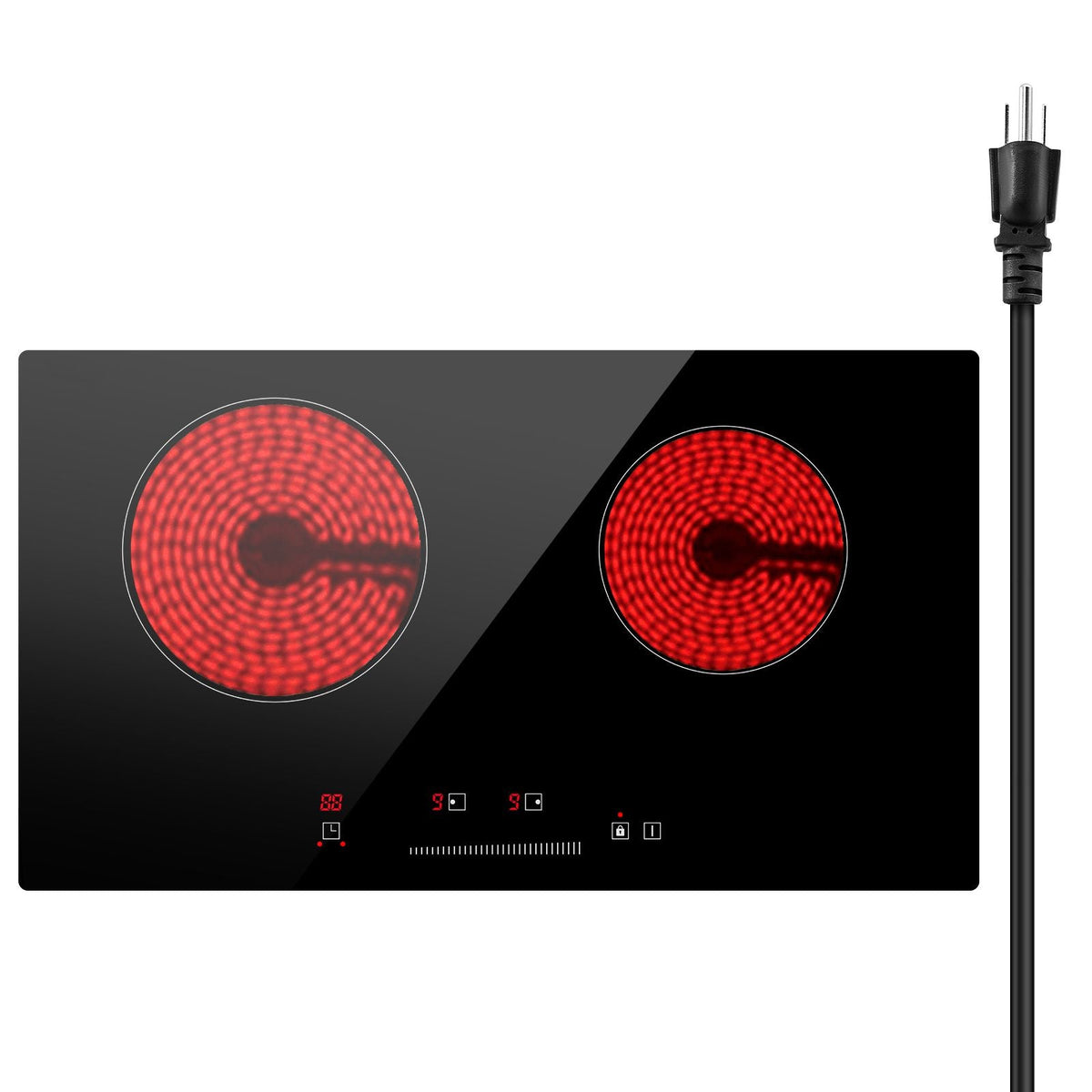 Electric Cooktop, 24 inch 2 Burners Built-in Electric Stove Top, 1800W Ceramic Top Radiant Cooktop with Glass Panel, Touch Control, Timer, Child Lock, 9 Heat Level, Residual Heat Indicator, 120V