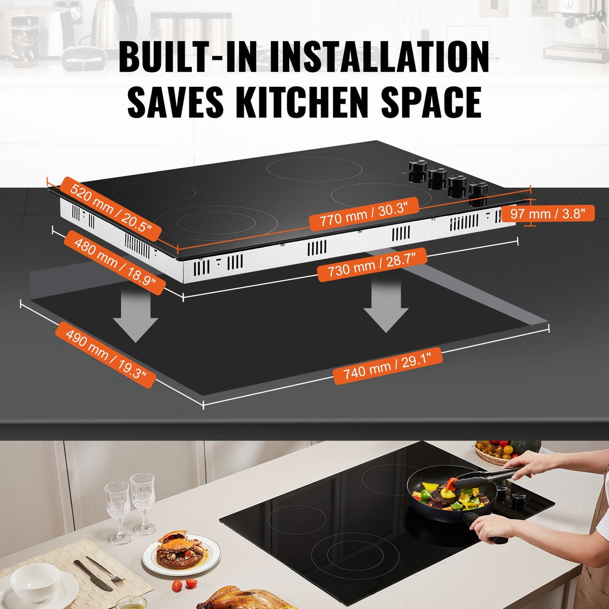 Electric Cooktop, 30 inch 4 Burners Built-in Electric Stove Top, 7200W Ceramic Top Radiant Cooktop, with Glass Panel, Knob Control, 11 Heat Levels, 220-240V, Hard Wire (No Plug)