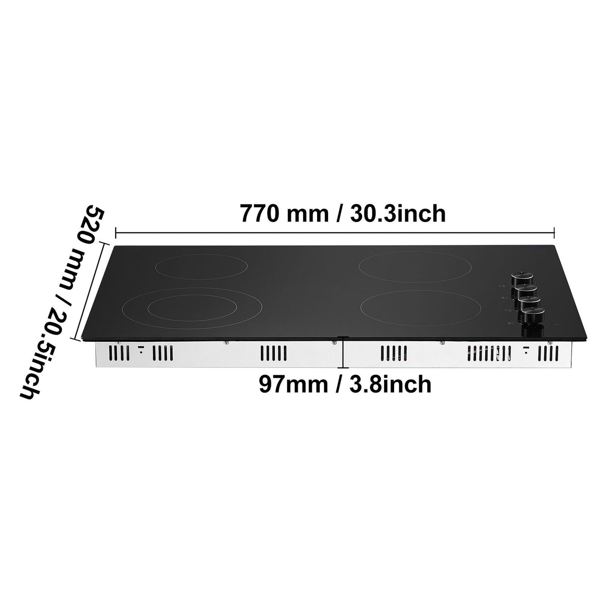 Electric Cooktop, 30 inch 4 Burners Built-in Electric Stove Top, 7200W Ceramic Top Radiant Cooktop, with Glass Panel, Knob Control, 11 Heat Levels, 220-240V, Hard Wire (No Plug)