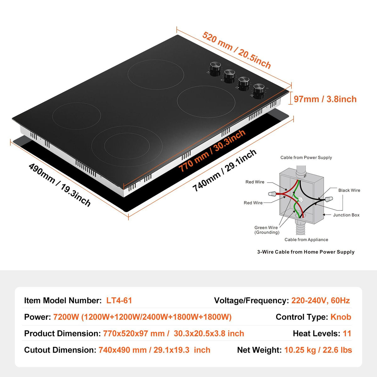 Electric Cooktop, 30 inch 4 Burners Built-in Electric Stove Top, 7200W Ceramic Top Radiant Cooktop, with Glass Panel, Knob Control, 11 Heat Levels, 220-240V, Hard Wire (No Plug)